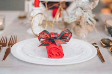 red and blue ribbon on white round plate